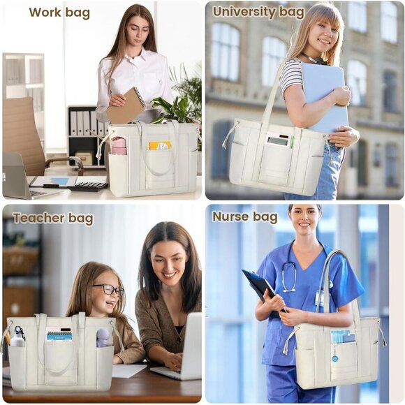 Canvas Tote Bags for Women, Waterproof College Tote with Zipper & Compartments - Picture 2 of 8